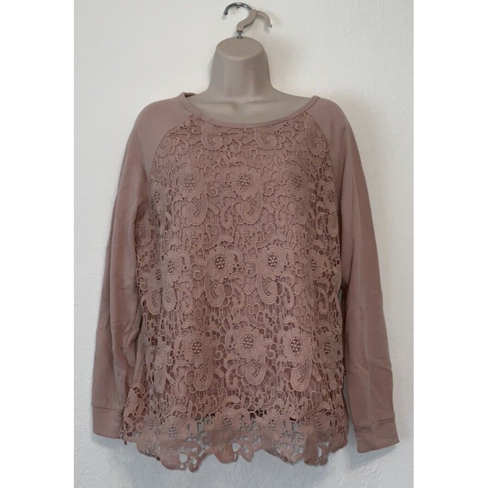 Adrianna Papell Womens Pink Floral Lace Overlay Crewneck Sweatshirt Size L